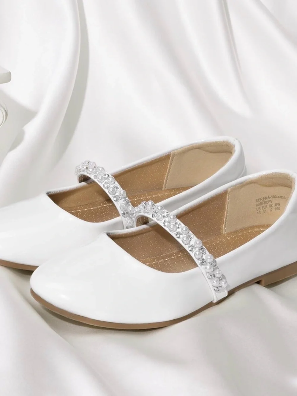 Girls White Mary Jane Flats with Crystal Strap